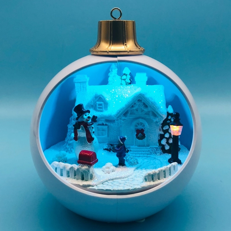 Desa Natal LED Dengan Manusia Salju Bergerak Di Dalam Bola Putih