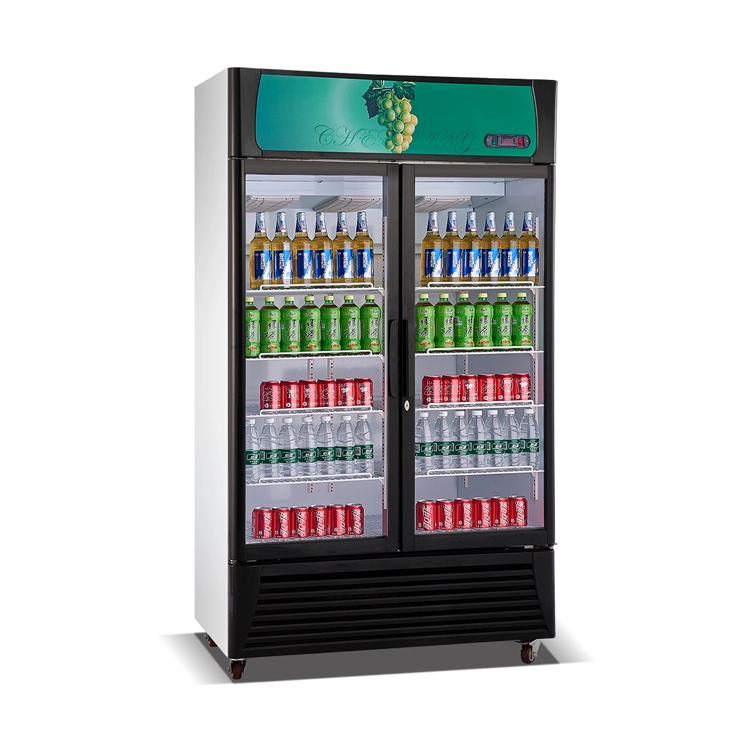Kulkas display minuman pintu kaca ganda komersial tegak untuk minuman