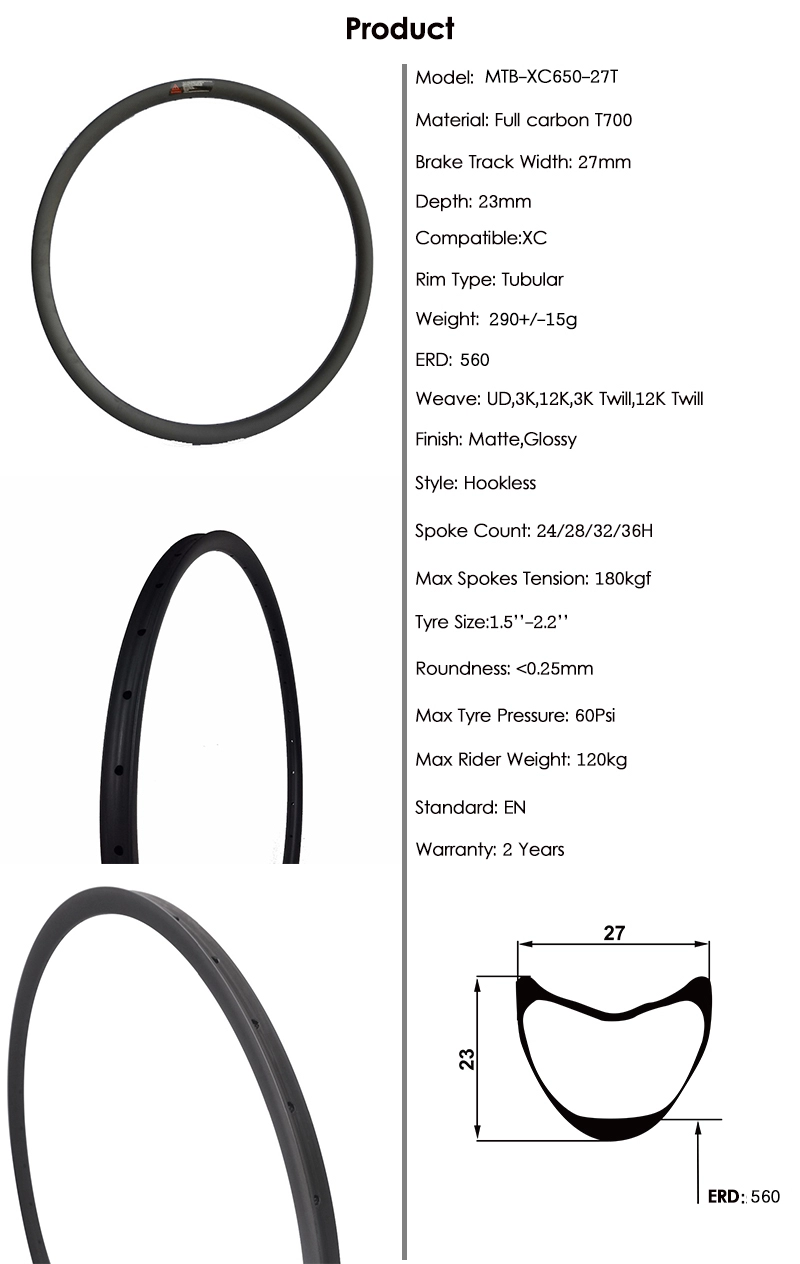 Cyclocross Tubular Rims 27.5 Inch Superroad T700 650C Carbon XC 27*23.5mm Sepeda Tubular Mtb Rims