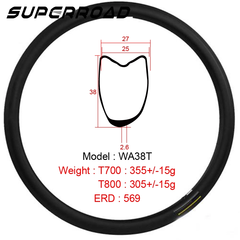 Pelek Tubular Sepeda Jalan Serat Karbon Penuh Asimetris 38mm