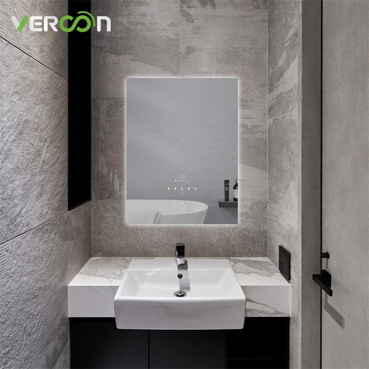 Cermin rias kamar mandi pintar anti-kabut yang dipasang di dinding dengan lampu LED yang dapat diredupkan