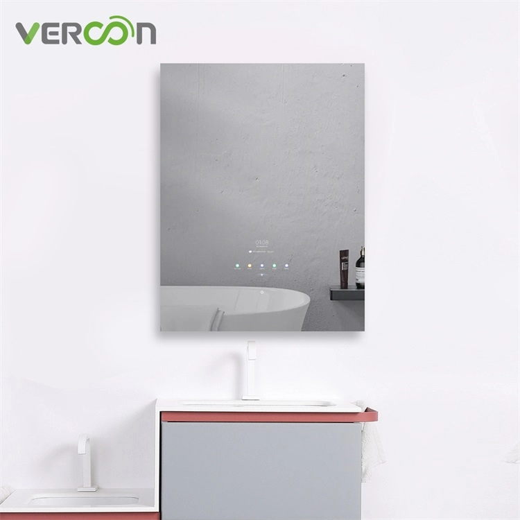 Cermin rias kamar mandi pintar anti-kabut yang dipasang di dinding dengan lampu LED yang dapat diredupkan