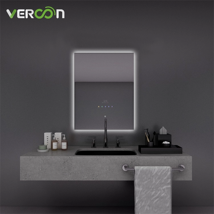Baru kedatangan dinding terpasang Android 11 tahan air persegi panjang backlit hotel cermin kamar mandi pintar dengan defogger