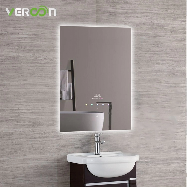 Backlit persegi panjang anti-kabut cermin bluetooth tahan air untuk kamar mandi