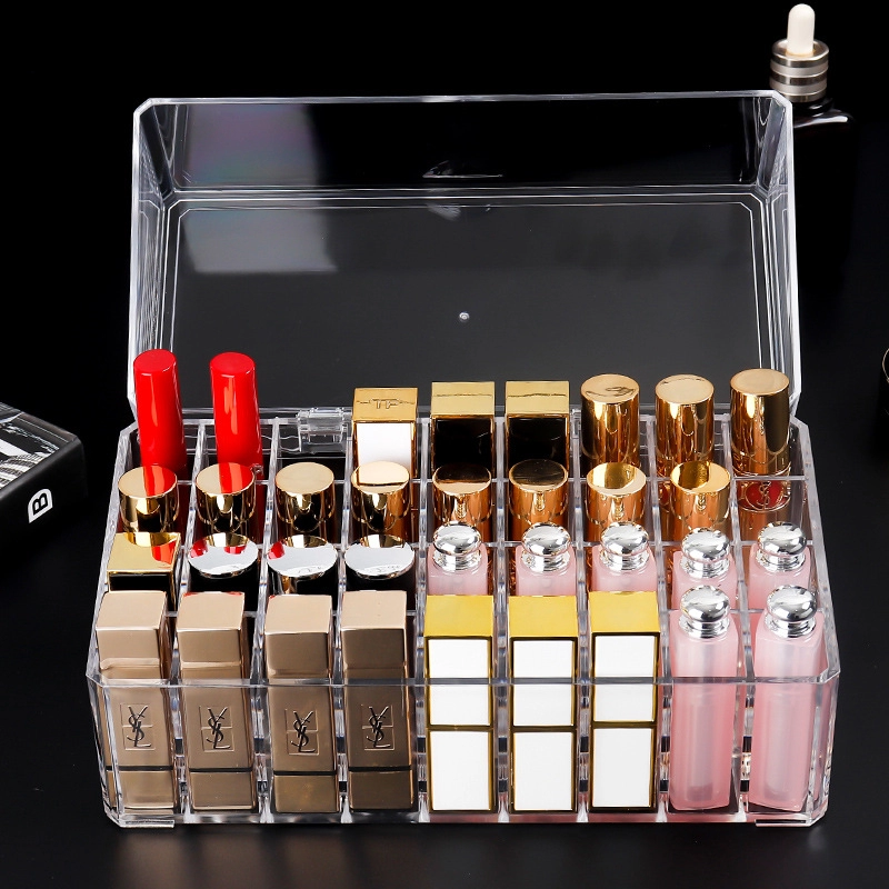 Lipstik akrilik transparan berdiri kotak penyimpanan lipstik tahan debu clamshell