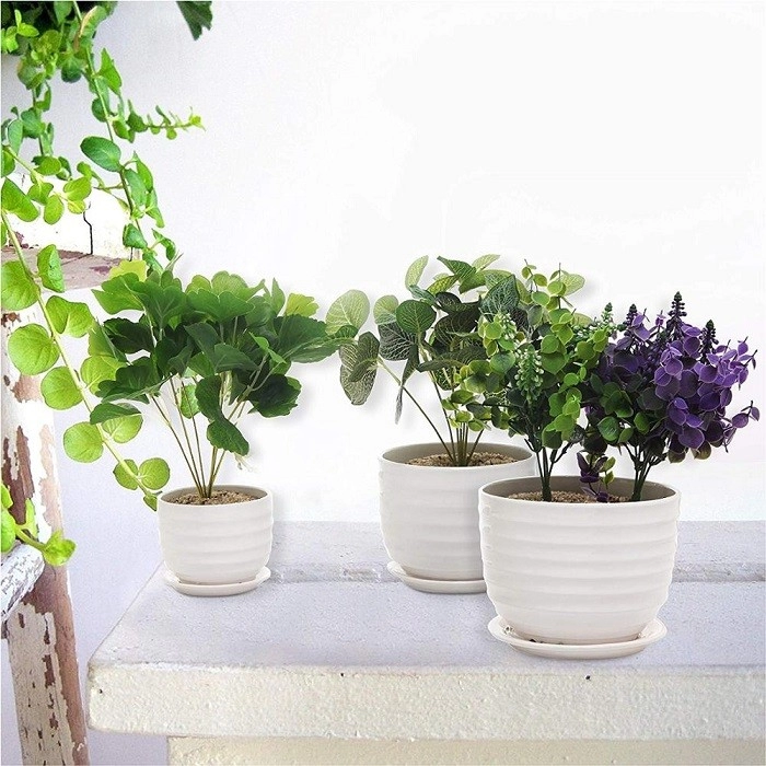 Pot Bunga Taman Keramik Putih Berkilau Bulat Dalam Ruangan dengan Piring Set 3