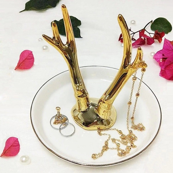 Pemegang Cincin Keramik Emas Buatan Tangan Perhiasan Organizer Tray Trinket Dish