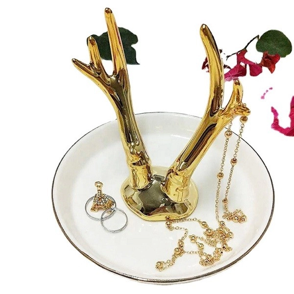 Pemegang Cincin Keramik Emas Buatan Tangan Perhiasan Organizer Tray Trinket Dish