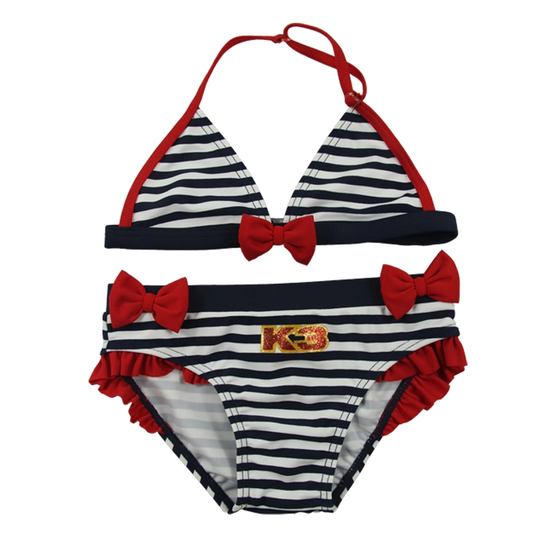 Set Bikini Baju Renang Anak Perempuan Halter Garis-garis Angkatan Laut & Busur Merah