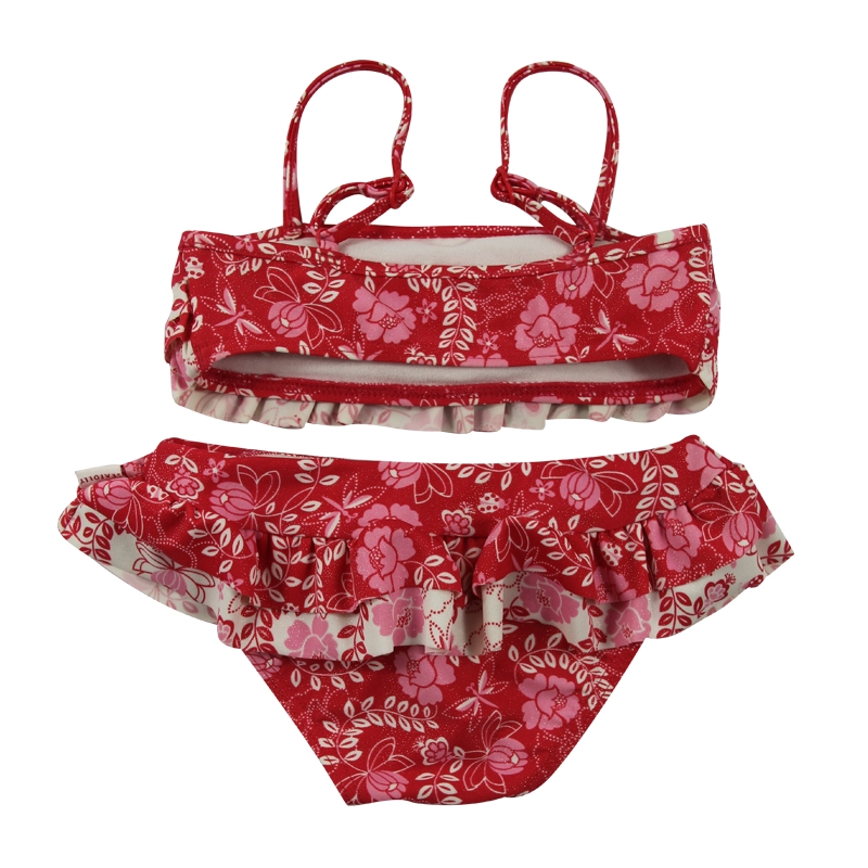 Set Bikini Anak Perempuan Multi-Ruffles Bunga Tropis Merah
