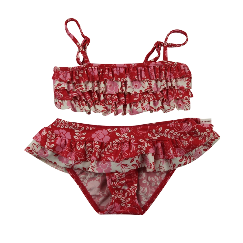 Set Bikini Anak Perempuan Multi-Ruffles Bunga Tropis Merah