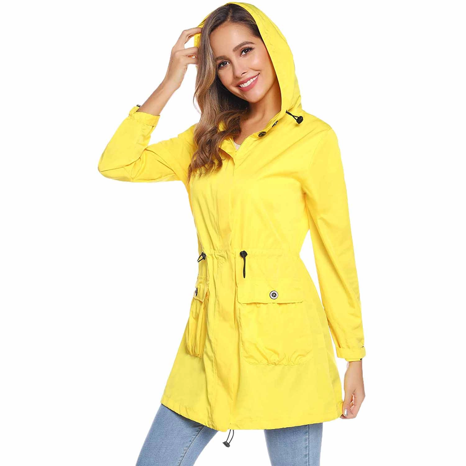 Jas Hujan Wanita Ringan Tahan Air Jaket Parit Bertudung Dengan Saku