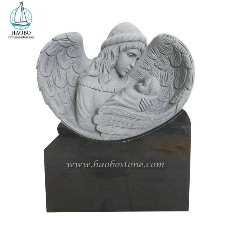 Batu Alam Black Granite Angel Dengan Baby Carving Nisan