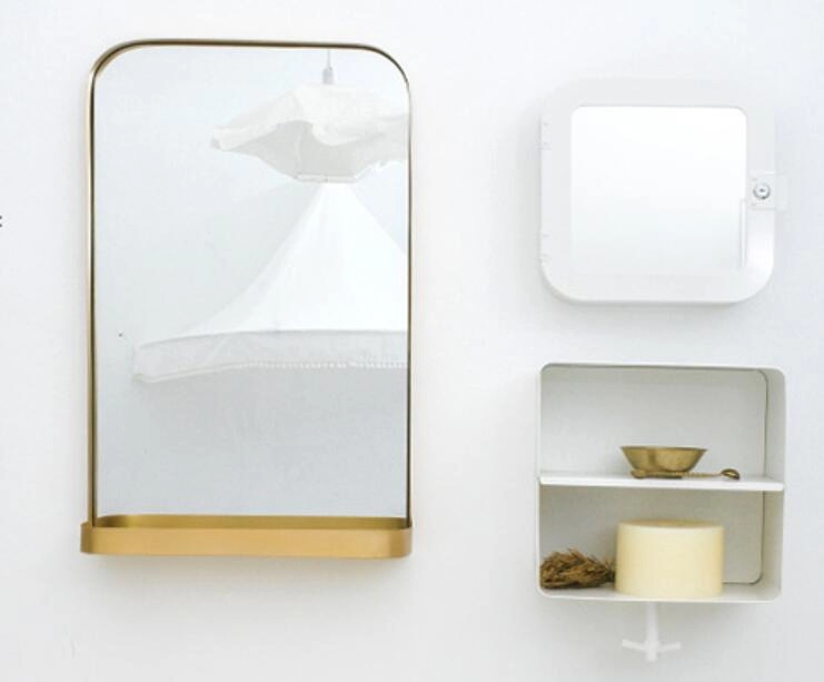 Cermin Dinding Emas Bingkai Tipis Logam Dengan Rak Penyimpanan