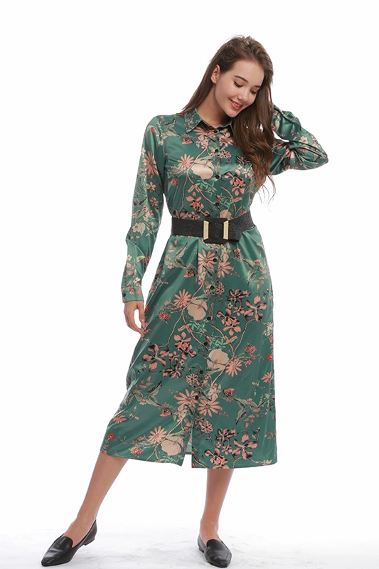 Wanita Kasual Elegan Vintage Floral Satin Setengah Betis Lengan Panjang Berikat Gaun Kemeja Tunik