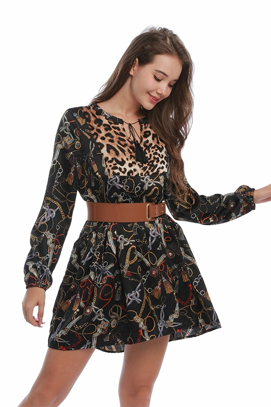 Kualitas Tinggi Kustom Satin Longgar Hitam Seksi Leopard Cetak Fashion Tunik Gaun Pakaian Wanita Pakaian Wanita