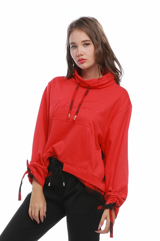 Sweater Pullover Wanita Merah Trendi Kotak-kotak Patchwork Sweatshirt
