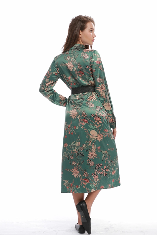 Wanita Kasual Elegan Vintage Floral Satin Setengah Betis Lengan Panjang Berikat Gaun Kemeja Tunik