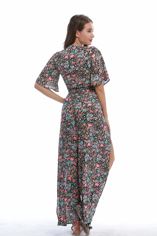 Pabrik OEM Kustom Musim Panas Kasual Floral Dicetak Chiffon Musim Panas Wanita Pakaian Crop Top Celah Celana Dua Sepotong Set